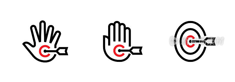 Set of Hand, Palm and Goal Targets icons. Editable line vector.